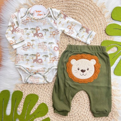 Conj. Body Safari com Leãozinho e Calça - Verde e Off White